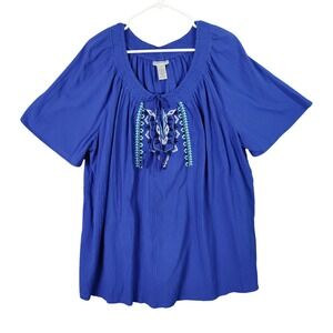 Catherines Womens Plus 3X Embroidered Peasant Cottage Top Short Sleeve Blue Airy